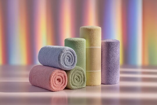 A colorful set of neatly rolled towels arranged in a stack on a smooth surface, a beautiful soft pastel background, soft light and pleasant to the eye.