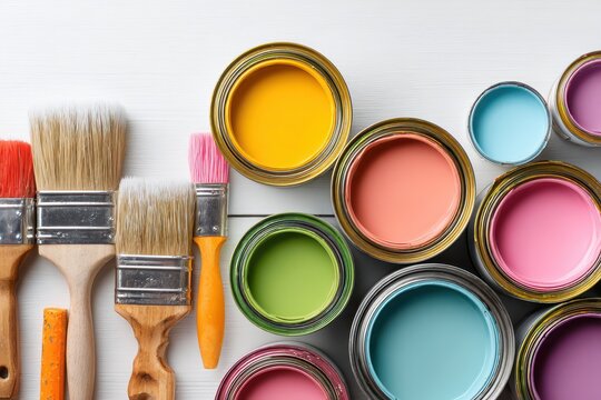 Assortment of colorful paint cans and brushes on a white wooden surface, creating a vibrant and artistic scene with a clean and organized aesthetic.