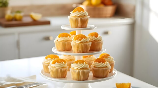 Elegant three-tier stand of lemon cupcakes in kitchen, citrus-themed dessert with frosting, homemade bakery photography concept for cooking, food styling, celebration, and bright pastry display.