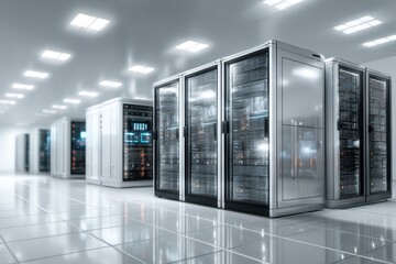 A long row of server racks in a modern data center facility with a glossy floor, showcasing the heart of cloud computing and data storage in a secure environment.