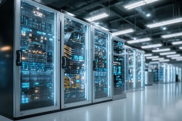 Data center full of server racks with flashing lights, complex computing equipment and powerful hardware, the backbone of modern IT infrastructure.