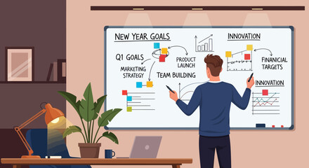 Man presenting new year goals and innovation strategy on whiteboard in an office setting, illustrating planning, teamwork, and future business objectives