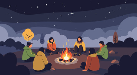 Group friends sitting around campfire at night under starry sky, enjoying each others company and the warmth the fire, symbolizing friendship and relaxation