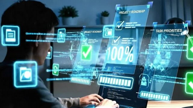 Software developer managing project roadmap via holographic ui