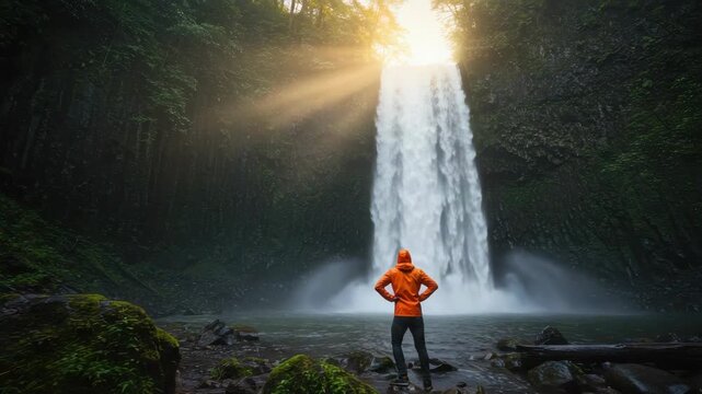 Person observing waterfall in forest sunlight adventure concept