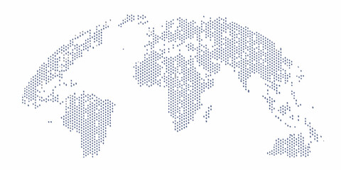 Abstract world map composed of numerous small blue dots on a white background representing global connection and data