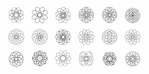 Collection of geometric sacred geometry patterns and mandalas in black and white line art style
