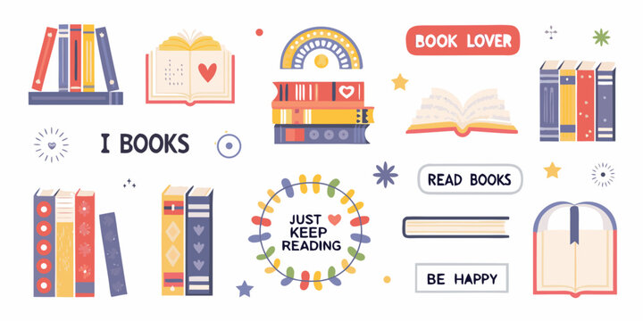 Collection of charming illustrated books and reading related quotes for book lovers and bibliophiles