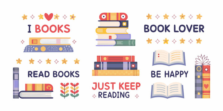 Collection of cute book illustrations with inspirational quotes about reading and happiness