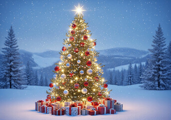Obraz premium Festive christmas tree adorned with lights and ornaments, surrounded by gifts in a snowy winter landscape at night