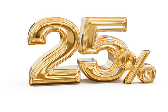 Golden 25 percent sign isolated on a white background, representing a special sale, discount, or promotional offer. 3D metallic numeral illustration