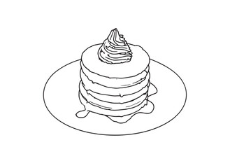Line Art Drawing of Stacked Pancakes with Syrup and Whipped Cream