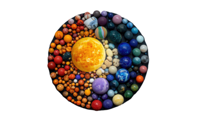 A circular arrangement of colorful stones and beads mimicking the solar system planets on a black background