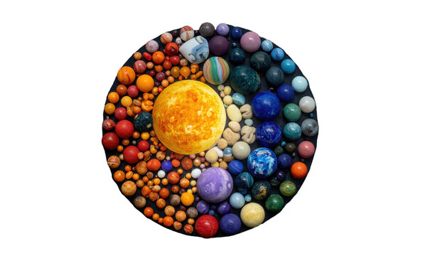 A circular arrangement of colorful stones and beads mimicking the solar system planets on a black background