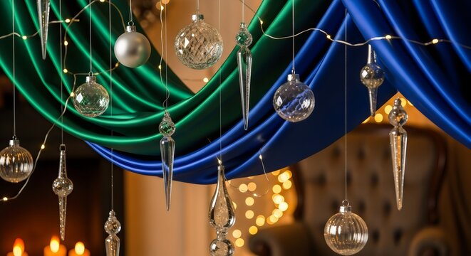 Stylish blue and silver Christmas baubles with fairy lights, elegant and modern decoration for winter holiday and New Year celebration.