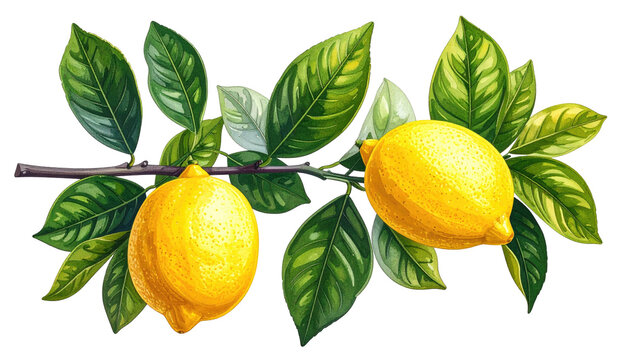 Two yellow lemons with green leaves on a dark branch, set against a solid black backdrop