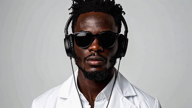 Stylish Man in Sunglasses and Headphones Dancing Lightly in a Studio