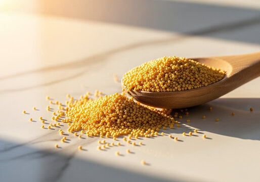 Closeup of mustard seeds in a wooden spoon on a marble surface with sunlight