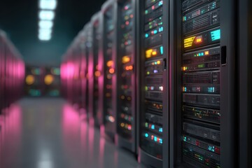 Rows of server racks illuminated with colorful lights, showcasing the backbone of modern data centers and the power of cloud computing in a secure environment.
