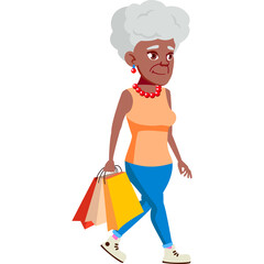 Pixel Art Elderly African Woman With Gray Hair Wearing Orange Top And Blue Jeans Walking With Shopping Bags In The Hand Isolated On Transparent Background
