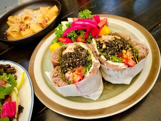 Teriyaki Chicken Sandwich with Seaweed Topping and Side Salad, Modern Fusion Brunch Close-Up
