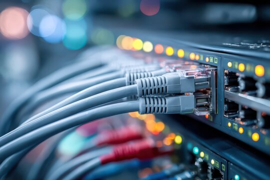 Close-up of network cables connected to a server, highlighting data transfer and connection, showcasing the complexity and importance of network infrastructure. - Powered by Adobe