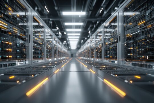 A long aisle of servers in a data center with servers and data storage systems, providing cloud computing for digital information and data with powerful processing capacity.