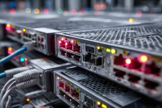 A close-up view of stacked network servers with active ports and cable connections, highlighting the complexity and connectivity of modern data center infrastructure. - Powered by Adobe