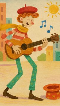 Whimsical illustration of a street musician playing guitar, captured from a frontal angle. Bright colors evoke a playful, animated video style. Live mobile wallpaper.