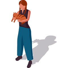 Pixel Art Woman Holding Orange Tabby Cat With Long Braids And Blue Pants In Isometric View With Shadow On White Background