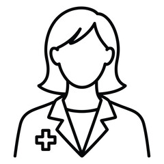 minimalist line drawing of female healthcare worker in medical coat, icon representing doctor, nurse, medical staff, hospital personnel
