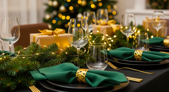 Elegant christmas dinner table setting with festive decorations and glowing lights for holiday celebration
