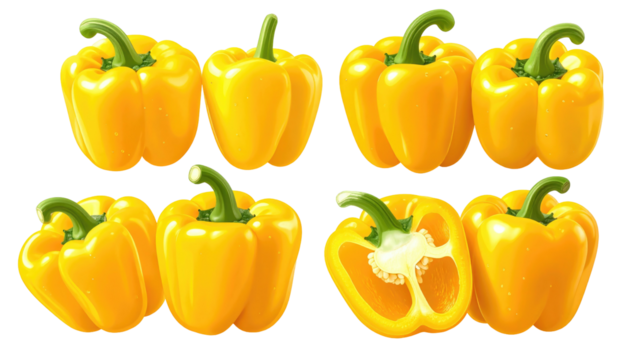 Eight glossy yellow bell peppers arranged on a dark background, one sliced to reveal its interior