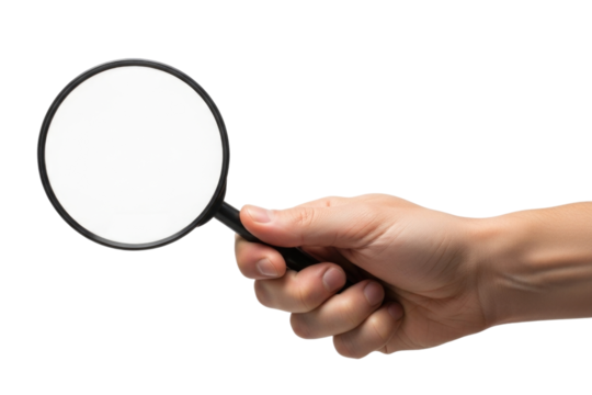 Hand holding magnifying glass transparent background cutout png
