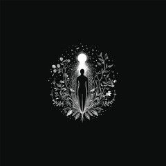 Mystical black and white illustration depicting a human silhouette standing amidst a rich, circular arrangement of hand-drawn botanical elements, with a bright moon or portal of light above the head