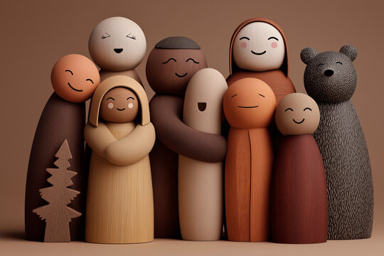 Wooden characters of different shapes interacting with warmth and kindness, emphasizing inclusivity, equality, and the beauty of human differences 