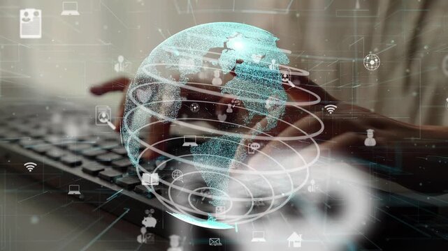 This image depicts a futuristic digital globe with various technology icons, illustrating concepts of connectivity and communication in a modern workspace environment. Xenic - Powered by Adobe