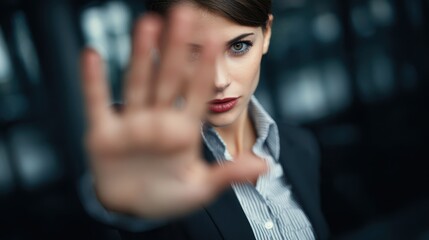 Confident businesswoman blocks the camera with her hand in a modern office setting