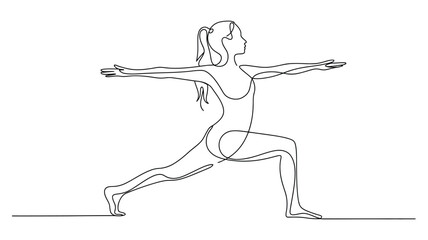 Fototapeta premium continuous line drawing of warrior ii yoga pose, minimalist female figure in virabhadrasana, concept of balance, strength, mindfulness