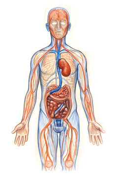 Human body anatomy with circulatory nervous and digestive systems illustrated