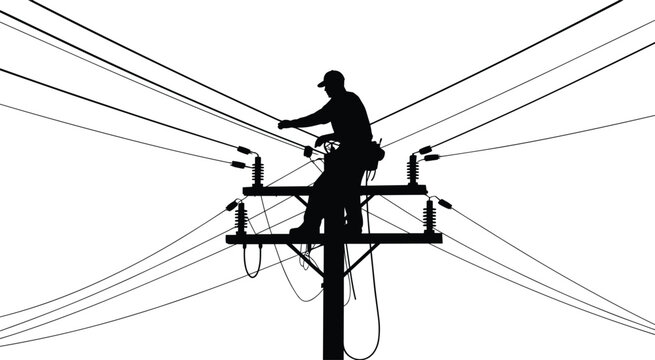 Utility worker silhouette, power line maintenance, electrical pole technician, safety gear, skilled labor icon, vector illustration, infrastructure repair, flat design