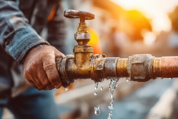 Close-up of a weathered brass outdoor faucet with water running, held by a male hand, creating a visually striking image highlighting plumbing issues and resource management.