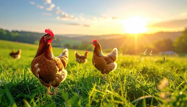 Two Brown Chickens Grazing in a Lush Green Field During a Golden Sunset with Soft Sunlight Rays and Hills in the Background