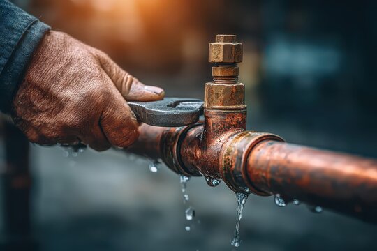 Close-up of plumber's hand tightening a leaky copper pipe with a wrench, water dripping down, a common plumbing repair task requiring skill and precision.