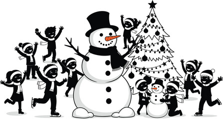 Winter holiday celebration, children playing, snowman building, Christmas tree, festive season, family fun, ice skating, holiday joy, winter wonderland, community spirit