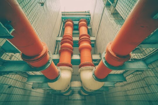 An abstract composition featuring large orange industrial pipes against a tiled wall, creating a symmetrical and somewhat retro architectural design in an urban setting.