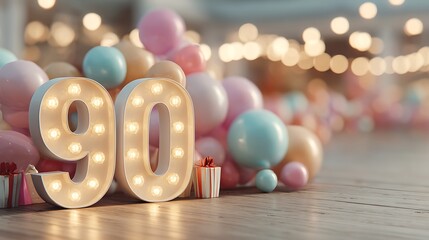 Illuminated Number 90 with Marquee Lights. Balloons. and Gifts for a 90th Birthday Celebration