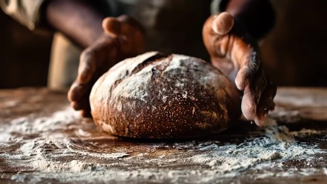 Closeup of hands blending dark rye and whole wheat flours on a wooden table to create rich dense bread dough