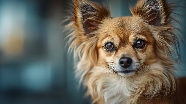 Close up portrait of a fluffy. long haired chihuahua dog with expressive brown eyes looking forwar