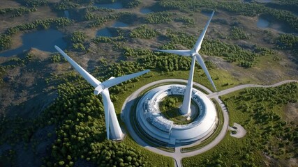 Renewable energy powers data centers with wind turbines in green landscape featuring sustainable technology and clean energy for efficient operation - Powered by Adobe